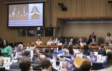Delegates seated in a large conference room during a plenary session, with a speaker shown on screens.