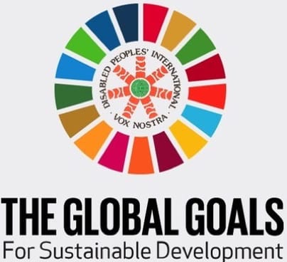 The DPI logo surrounded by the colours of the Sustainable Development Goals, above the words “The Global Goals For Sustainable Development”.